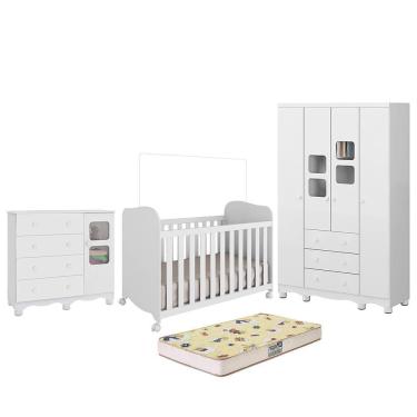 Imagem de Dormitório Uli Guarda Roupa 4 Portas, Cômoda e Berço com Colchão Supreme - Móveis Peroba