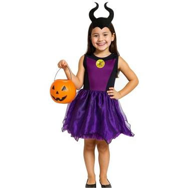 Imagem de Fantasia Infantil Bruxa Malévola Criança Halloween Vestido Roupa Bruxinha Balde de Abóbora (Roxo, M (veste 4 a 5 anos))