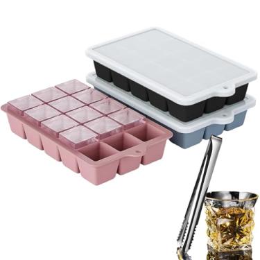 Imagem de Bandejas grandes de silicone para cubos de gelo com tampa, faça 15 cubos de gelo por bandeja, inclui pinças de gelo de 19,6 cm – Ideal para freezer, bebidas