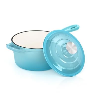 Imagem de E-far Panela de ferro fundido esmaltado com tampa, panela holandesa de 1 litro, mini panela de molho para cozinhar, ferver, saudável e não tóxica, segura para indução e forno, azul claro