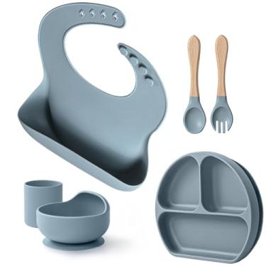 Imagem de Willbetter Conjunto de alimentação de silicone sem derramamento de 6 peças: placa e tigela de sucção forte, utensílios de alimentação automática, babador, copo | grau alimentício livre de BPA, lavável