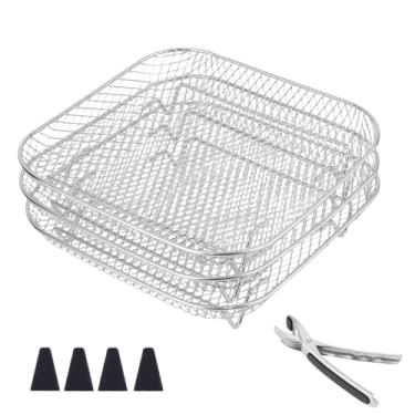 Imagem de Conjunto 3 Prateleiras Fritadeira a Ar, Empilháveis Multicamadas Aço Inoxidável 304 Prateleira Desidratação Multiusos Prateada Acessórios Quadrados para Fritadeira a Ar Forno Micro-Ondas