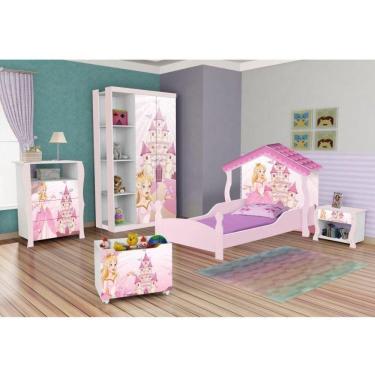 Imagem de Conjunto Quarto Infantil Guarda Roupa 2 Portas Cômoda e Mesa de Cabeceira Lara e Cama Casa Princesa Rosa
