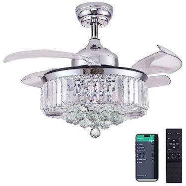 Imagem de DuMaiWay Lustre regulável de 107 cm, ventilador de teto de cristal com luzes e controle remoto, lâminas retráteis, invisíveis, modernas, kit de lustre para ventilador de teto para quarto, sala de