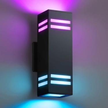 Imagem de SHIMR Luzes externas de parede RGB modernas para casa, luzes de arandela externas que mudam de cor com controle remoto, luminária externa preta para varanda e garagem compatível com Alexa [listado no
