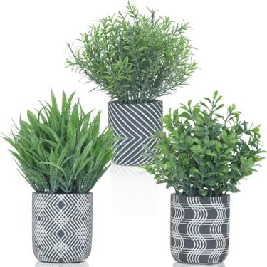 Imagem de BLISOUL Pacote com 3 plantas falsas pequenas, plantas de grama falsa, buxo artificial e alecrim com vasos de cimento de padrão geométrico, vegetação sintética em vaso pequeno para decoração de casa