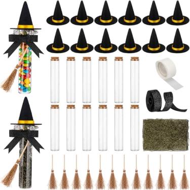 Imagem de Roshtia Conjunto de 12 tubos de vidro para doces de Halloween, kits DIY com mini chapéus de bruxa, vassouras, tubos de ensaio, garrafas de tecido de malha e fita para decoração de festa de bruxa de