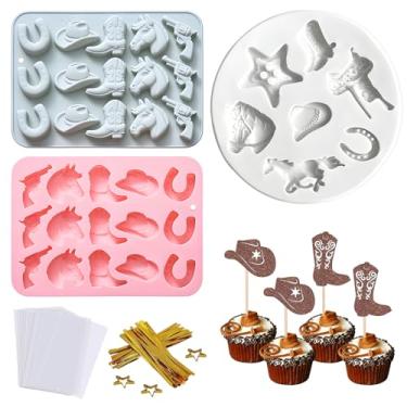 Imagem de Frstem 3 moldes de chocolate caubói com 24 topos de cupcake glitter e 100 sacos de petisco, moldes de silicone com tema de cowboy ocidental, molde de fondant de doces, moldes de sela de cavalo de bota