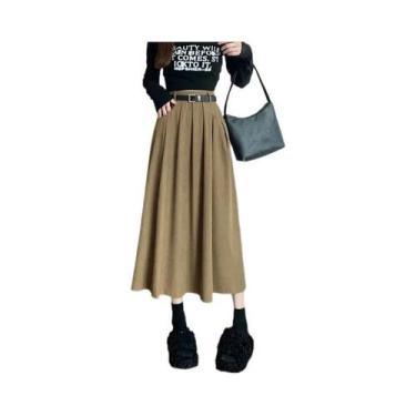 Imagem de Saia Midi Plissada De Veludo Cotelê De Cintura Alta Feminina Moda Core