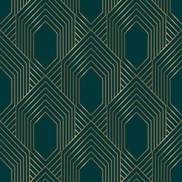 Imagem de Stickyart Papel de parede geométrico Art Deco descasque e cole linha dourada papel de parede verde escuro removível 1920 linha art déco de luxo papel de contato geométrico minimalista para parede de