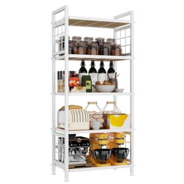 Imagem de GIOTORENT Armazenamento de cozinha de 5 camadas com tábuas de madeira, prateleiras de armazenamento resistente e estante de livros, unidade de prateleira de metal ajustável para garagem, cozinha