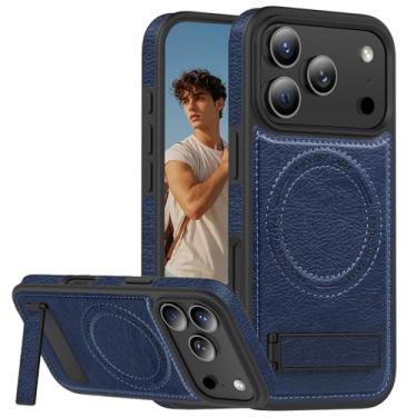 Imagem de Fofvccv Capa de anel magnético para Apple iPhone 17 Pro Max com suporte, compatível com Magsafe carregamento sem fio PU couro fino à prova de choque capa protetora para iPhone 17 Pro Max JD azul
