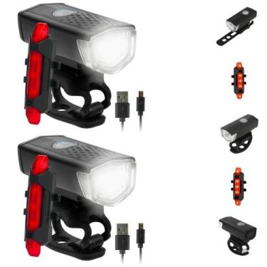 Imagem de Kit 2 Faróis + 2 Sinalizadores LED Recarregáveis USB Para Bike Ciclism