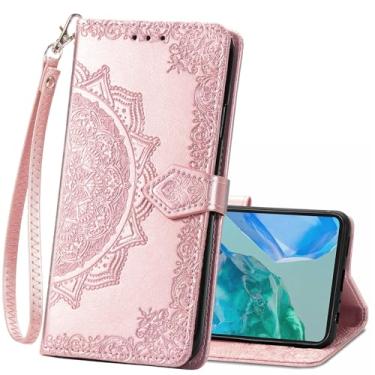 Imagem de Capa carteira para T-Mobile REVVL 8 5G, capa flip de couro PU em relevo mandala flores alça de pulso Folio slots para cartão suporte magnético capa protetora para telefone para mulheres homens ouro