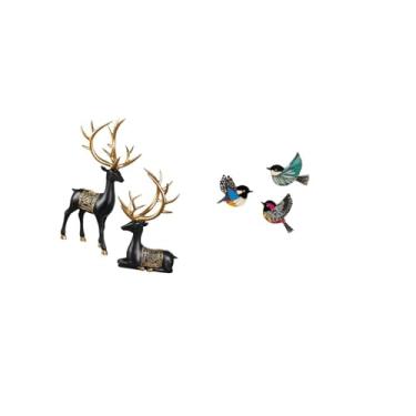 Imagem de Fenteer Coleção de Arte de Parede de Estátua de Resina de Rena E Alce E Pássaro de Madeira para Armário de Mesa, Casamento, Inauguração de Casa, Jardim, Sala