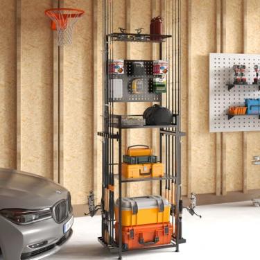 Imagem de SOYEEZE Suportes de vara de pesca para garagem, suporte de vara de pesca comporta até 12 varas, prateleira de 3 níveis, placa de pegboard e bancadas de madeira projetadas para armazenamento de linha