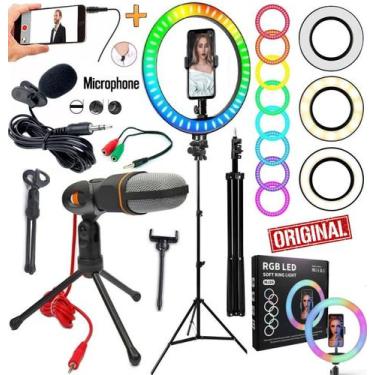 Imagem de Kit Profissional Hing Light Grande Rgb Suporte Celular Microfone de Me