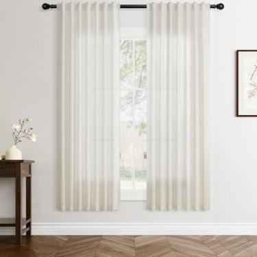 Imagem de Cortinas de linho natural creme, 157,5 cm de comprimento, conjunto de 2 painéis, boho, quinta, sala de estar, cortinas semitransparentes, com bolso para varão, filtro de luz, aba traseira, privacidade