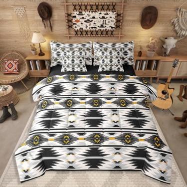 Imagem de Erosebridal Jogo de cama solteiro asteca ocidental, 7 peças, boêmio, sudoeste, nativo americano, indiano, exótico, geométrico, rústico, decoração de fazenda, cinza e preto