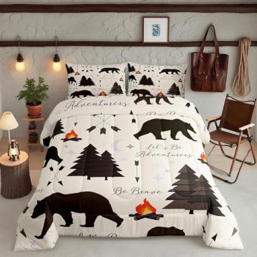 Imagem de Homewish Conjunto de edredom de acampamento feliz, tamanho king, caça, urso, pinheiros, para decoração de quarto de cabana, desenho animado, fogueira, estrelas, lua, aventura, marrom, 3 peças