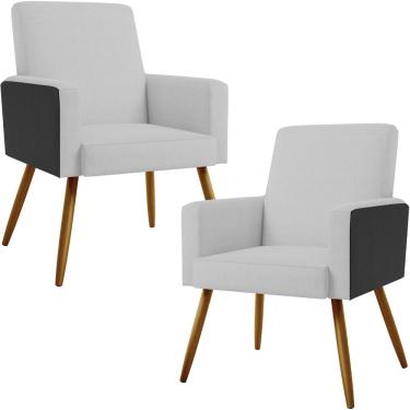 Imagem de Kit 02 Poltronas Decorativa Maria W01 Pés Palito Linho Cinza Couríssimo Preto - Lyam Decor