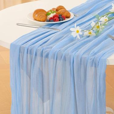 Imagem de Caminho de mesa de gaze azul, corredor de mesa de gaze rústica Boho de 300 cm para outono, Ação de Graças, casamento, festa, chá de bebê, aniversário, decorações de casa e férias