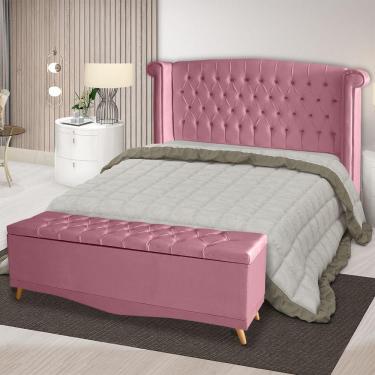 Imagem de Kit Cabeceira De Cama Box E Calçadeira Baú Malibu Casal 140 Cm Suede Rosa Bebê Eli Móveis