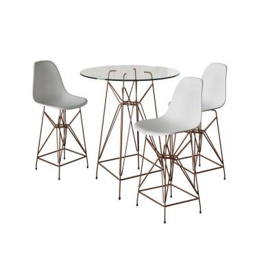 Imagem de Jogo Mesa Bistrô Eames Vidro 60Cm 3 Banquetas Branca Base Ferro Cobre - Cor: Branco
