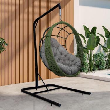 Imagem de Cadeira Balanço Ninho Suspenso Em Corda Náutica Luxo Com Suporte Verde-cinza