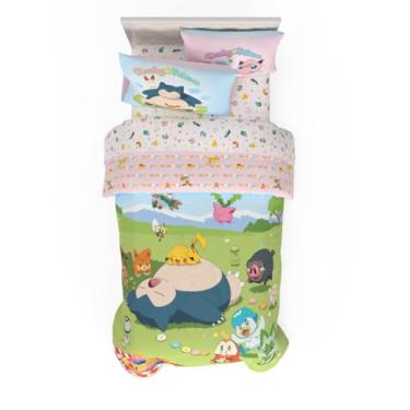 Imagem de Jogo de cama solteiro Pokémon – Conjunto de lençol e edredom infantil de microfibra super macia reversível com Snorlax, Pikachu, Eevee e Jigglypuff (produto oficialmente licenciado) por Franco