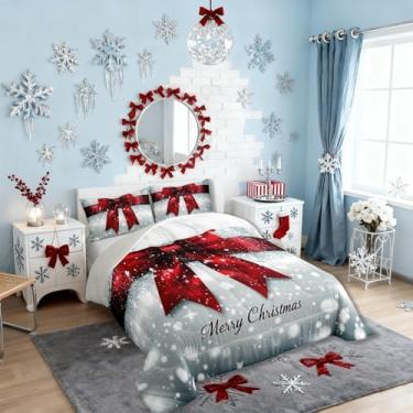 Imagem de Jogo de cama infantil casal com gravata borboleta, floco de neve, feliz Natal, edredom de fantasia feliz ano novo, cinza e vermelho, 2 fronhas