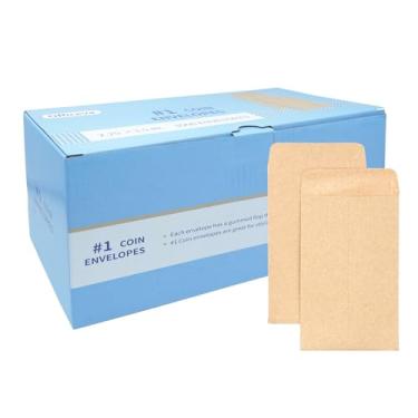 Imagem de Officeva Envelopes para moedas pequenas #1 1000 peças, 5,7 cm x 9 cm com aba gomada, mini envelopes Kraft marrom para armazenar sementes, chaves, carimbos, pontas e itens pequenos