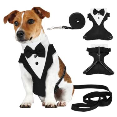 Imagem de NBEADS Colete de smoking para cães, peitoral para cães, roupas com coleira ajustável, traje de cachorro com gravata borboleta para aniversário, casamento, caminhada, preto, 24 x 21 x 1,5 cm