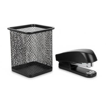 Imagem de Conjunto de Porta Canetas em Malha Metálica Preta e um Grampeador Organizador de Material de Escritório Design Moderno para Home Office Premium