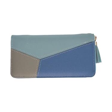 Imagem de Carteira longa feminina com design geométrico de blocos de cores, carteira ultrafina e leve, borla, 7,48 × 10 cm, armazenamento multicartões azul e cinza azul