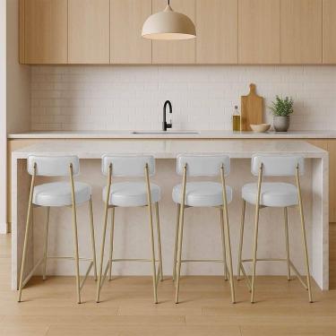 Imagem de Banqueta Cozinha Alta Com Encosto Industrial Champanhe Kit 4 Londres Pu Branco D03 - D`rossi