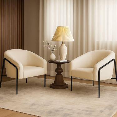 Imagem de Poltrona Sala Industrial Alta Preto Kit 2 Stella Linho Bege D03 - D`rossi