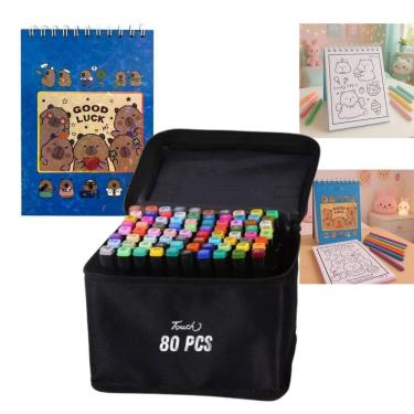 Imagem de Canetinhas 80 Cores Livro Pintar Colorir Capivara Fofa 50 Paginas Desenho Divertido Relaxante Pintura Hobbie Lazer