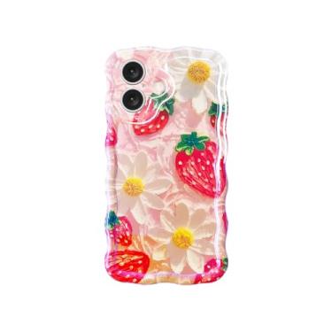 Imagem de Tewwsdi Capa de telefone de morango vermelho para iPhone 17 de 6,3 polegadas, retrô, elegante, brilhante, pintura a óleo, flor, brilhante, brilhante, estética, fruta, durável, à prova de choque, capa