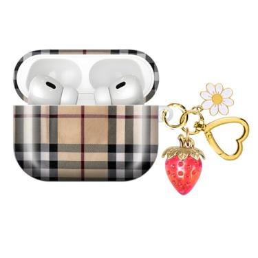 Imagem de Capa de fone de ouvido sem fio compatível com AirPod PRO 3 2025 à prova de choque e poeira com um lindo pingente de chaveiro de morango adequado para mulheres (morangos vermelhos xadrez)