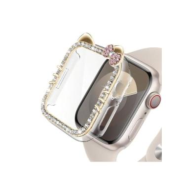 Imagem de Capa de desenho animado com laço de gato para Apple Watch SE/séries 10/9/8/7/6/5/4 44 mm 45 mm com protetor de tela de vidro temperado, capa protetora completa diamante cristal (ouro, 41 mm)