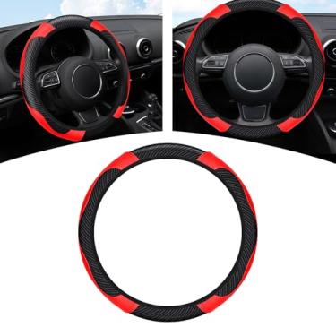 Imagem de AMZAUTO Capa de volante de carro de fibra de carbono, protetor de volante elástico de couro universal de 38 cm, acessórios internos automotivos antiderrapantes para a maioria dos modelos de carros