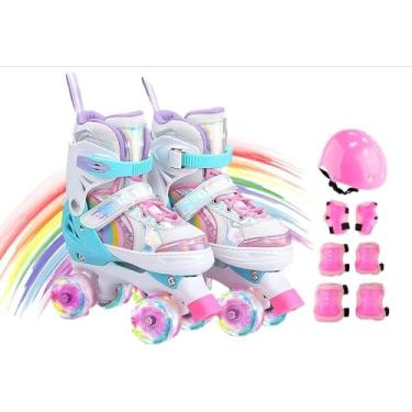 Imagem de Patins Infantil 4 Rodas Rosa Ajustável com Kit de Proteção Completo, Rodas Poliuretano, Cadarço e Velcro, Unisex para Crianças e Adolescentes
