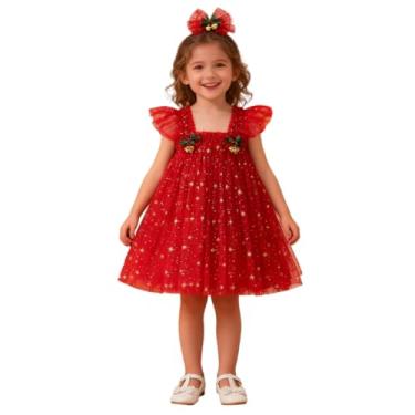 Imagem de Macaquinho de árvore de Natal para meninas com estrela de lantejoulas, saia de tule, faixa de cabeça, roupa de Natal infantil 1-7 anos, Vermelho, 3-4 Anos