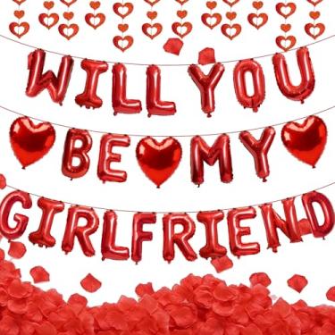 Imagem de Kit de decoração de balões vermelhos Will You Be My Girlfriend - 21 peças de letras, 10 corações de 45,72 cm, 50 peças de serpentina pendurada em coração, 1200 pétalas de rosa para decorações de