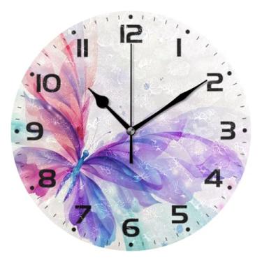 Imagem de JUZIHAI Relógio de parede borboleta em aquarela, silencioso, sem tique-taque, redondo, operado por bateria, fácil de ler, relógio decorativo de parede para casa, cozinha, sala de estar, quarto