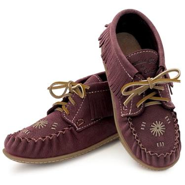 Imagem de Laurentian Chief Mocassins Bota feminina no tornozelo – Botas de tornozelo elegantes com bordado inca, palmilha confortável, sola de borracha durável, feita no Canadá, Couro bordalês escovado, 35