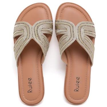 Imagem de Ruiee Sandálias rasteiras femininas de largura larga, modernas, casuais, brilhantes, elegantes, confortáveis, para noiva, casamento, verão, sem cadarço, sandálias de pés largos para mulheres., Ouro PU