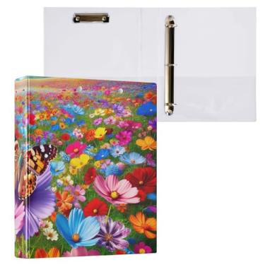 Imagem de Pasta de fichário com três anéis de flores coloridas com borboleta, organizador de fichário para escola e escritório, 1 pacote
