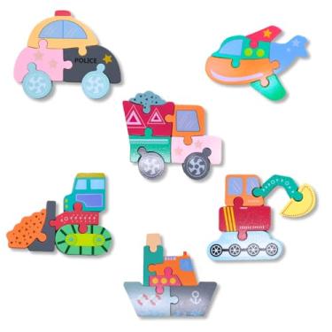 Imagem de Quebra-Cabeça 3D em Madeira para Bebês 1+ – Encaixe de Formas e Cores – Estimula Coordenação Motora, Lógica, Brinquedo Educativo (Veículo - 1 un aleatória)